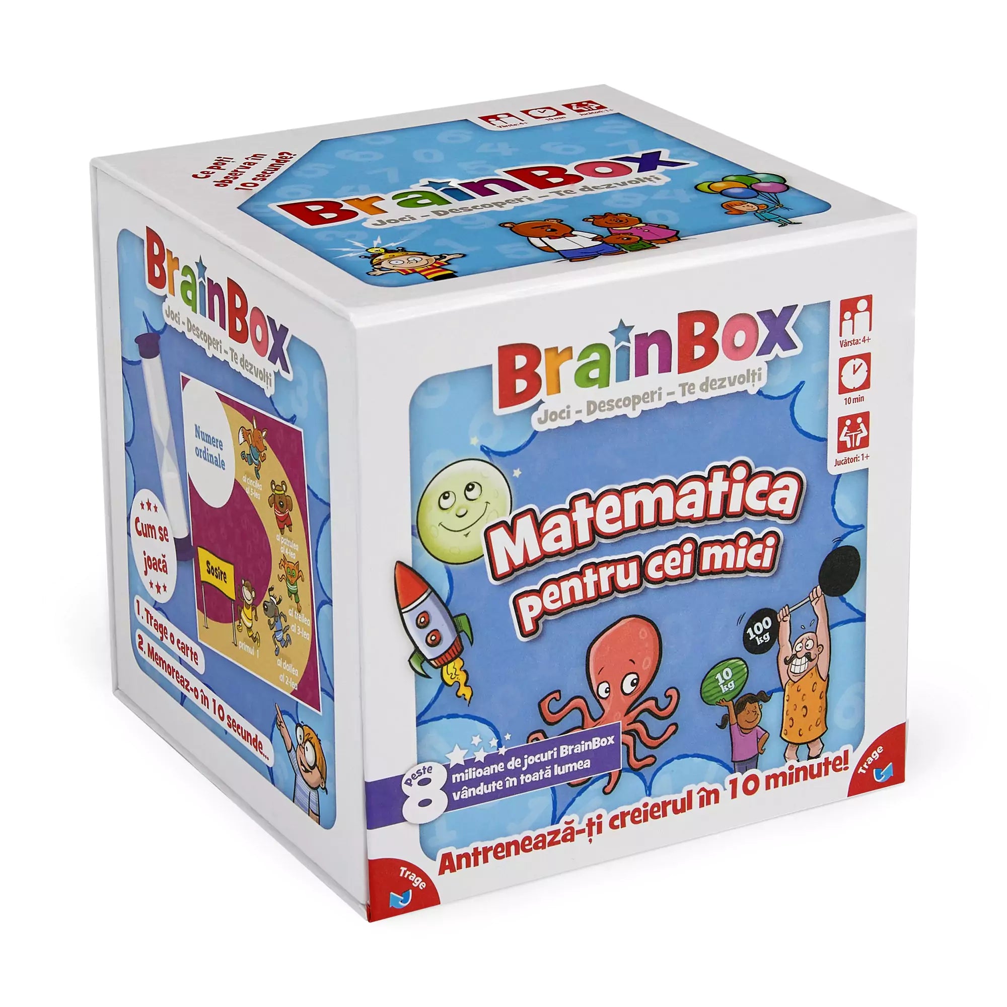 A BrainBox – Matematica pentru cei mici játék doboza előnézetben, színes rajzokkal és vidám karakterekkel, köztük egy polippal és egy rakétával, kék háttéren.