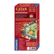 Catan (extensia 5–6 jucători) román nyelvű kiegészítő 2025 doboz hátoldala, részletes leírással, játéktábla képpel és komponensek listájával. A kép bemutatja a Catan sziget játéktáblát, kártyákat és figurákat.