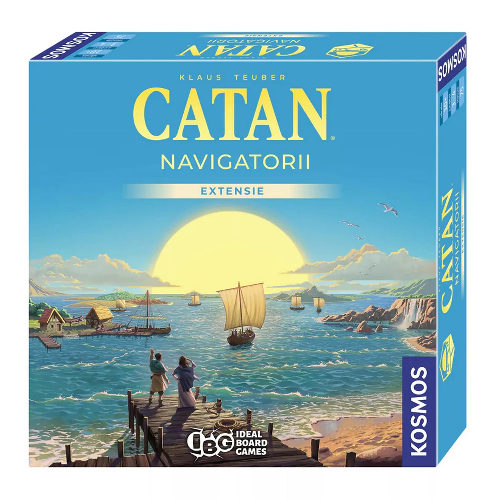 Catan: Navigatorii román nyelvű kiegészítő 2025-ös kiadás doboza. A borítón naplementés tenger, hajók és két telepes látható a mólónál, KOSMOS logóval.