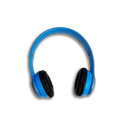Kék P47 Bluetooth fejhallgató, párnázott fülpárnákkal és kényelmes viselettel, ideális játékhoz és zenéhez.