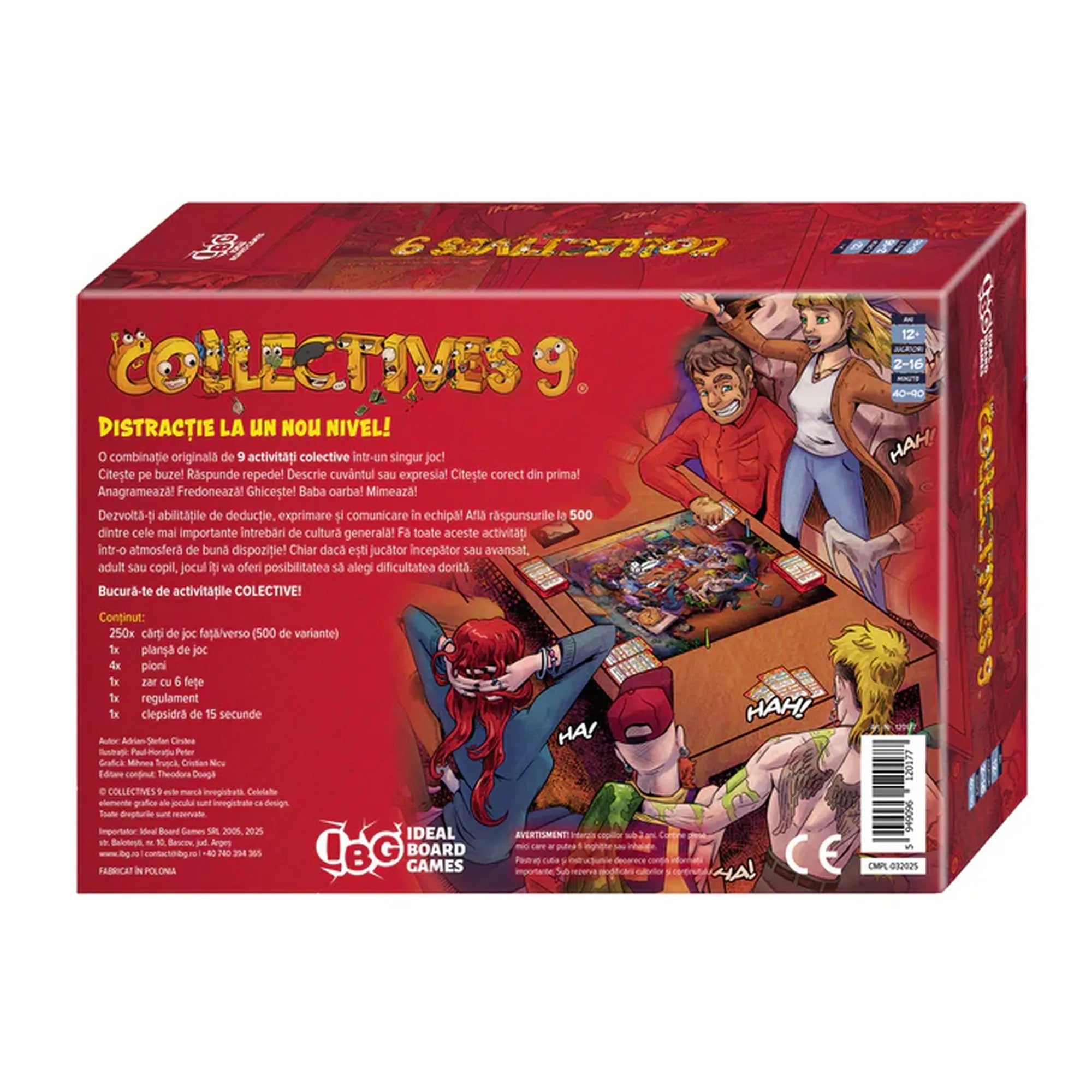 A Collectives 9 társasjáték dobozának hátlapja, amely részletes leírást ad a játékról és tartozékairól.