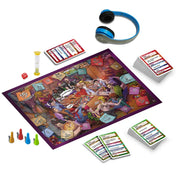 A Collectives 9 társasjáték tartalma elrendezve: játéktábla, kártyák, homokóra, dobókocka, bábuk és vezeték nélküli fejhallgató – minden, ami a szórakozáshoz kell.