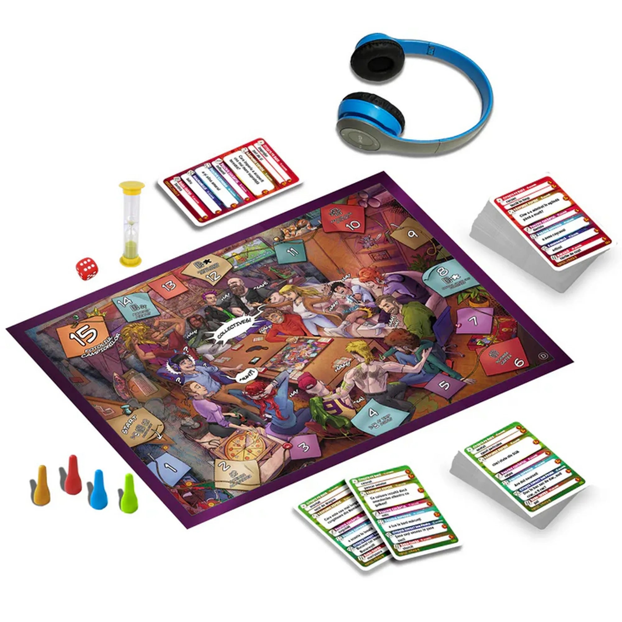 A Collectives 9 társasjáték tartalma elrendezve: játéktábla, kártyák, homokóra, dobókocka, bábuk és vezeték nélküli fejhallgató – minden, ami a szórakozáshoz kell.