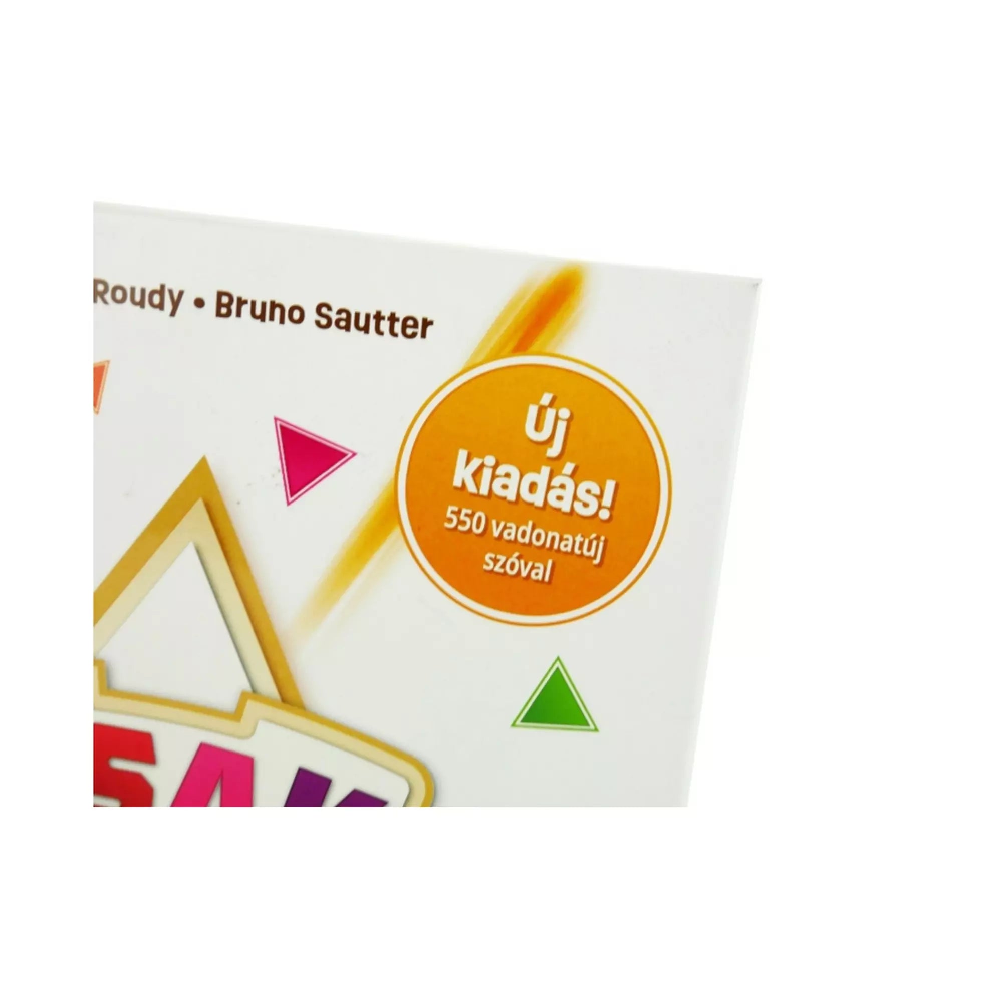 A Csak Egy társasjáték dobozának oldalsó részlete, amelyen az „Új kiadás! 550 vadonatúj szóval” felirat látható narancssárga körben.