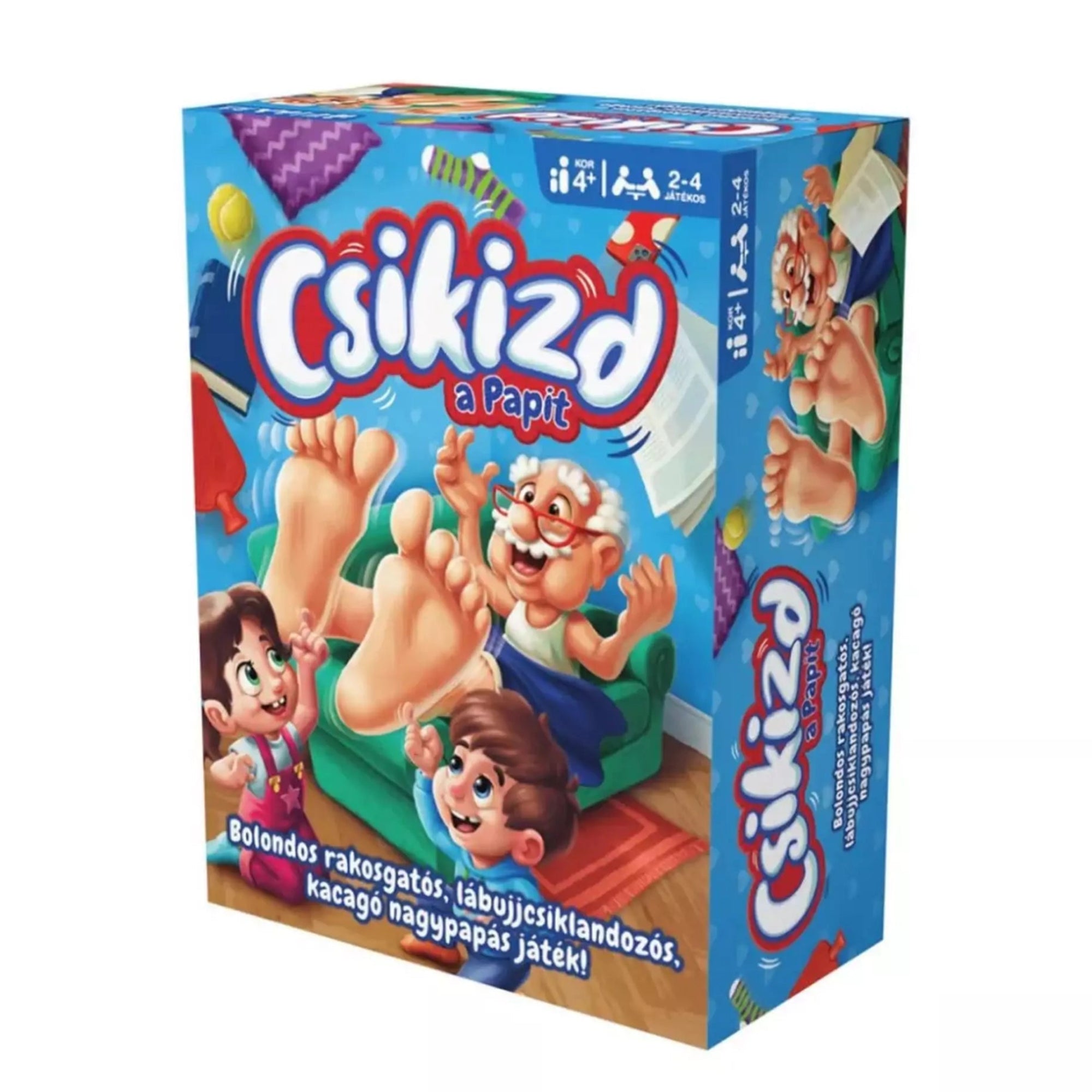 A Csikizd a Papit társasjáték doboza színes, vidám grafikával, ahol a nevető nagypapát gyerekek csiklandozzák a lábánál.