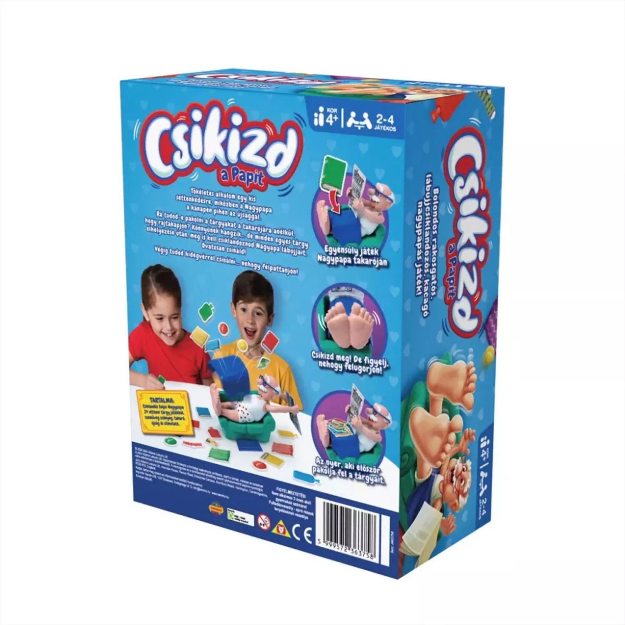 A Csikizd a Papit társasjáték hátoldala, két gyerekkel, akik játék közben nevetnek, valamint illusztrációk a játékmenetről és tartozékokról.