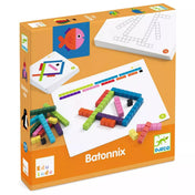 Djeco Batonnix! Játék a mérőrudakkal doboza – Narancssárga csomagolású oktatójáték, amely színes fa mérőrudakat és illusztrált kártyákat tartalmaz formák építéséhez.