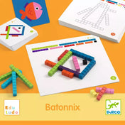 Djeco Batonnix! játék közelről – Mérőrudakkal kirakott színes alakzatok és feladatkártyák, melyek segítik a logika és a formafelismerés fejlesztését.