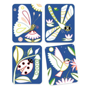 Négy színes, bogaras és madaras illusztráció: pillangó, szitakötő, katicabogár és kolibri virágos háttérrel, a Djeco Palettás festés – Kertecskében készlet részeként.