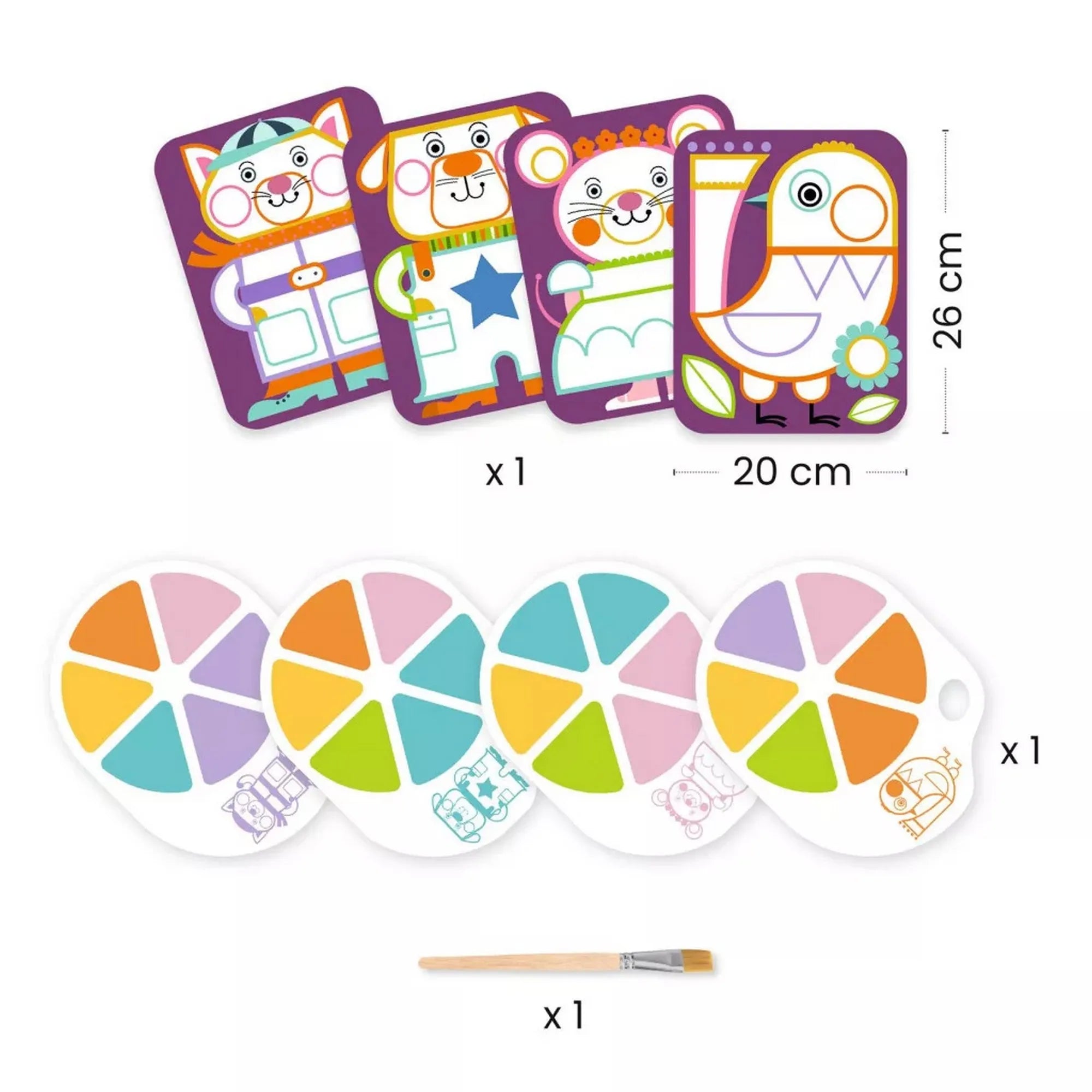 A Djeco – Palettás festés: Vicces állatok készlet tartalma: négy állatos festőlap, négy színpaletta és egy ecset, méretekkel feltüntetve.