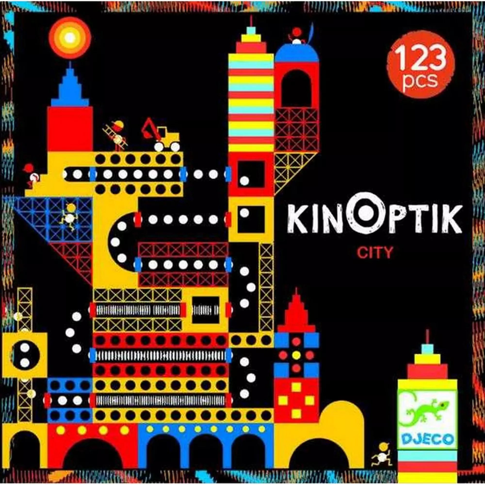 Kinoptik City, Djeco - doboz
A Djeco Kinoptik City optikai illúziókat létrehozó építőkészletének doboza, amely 123 darabos és élénk, kontrasztos színekkel ábrázolja a futurisztikus várost.