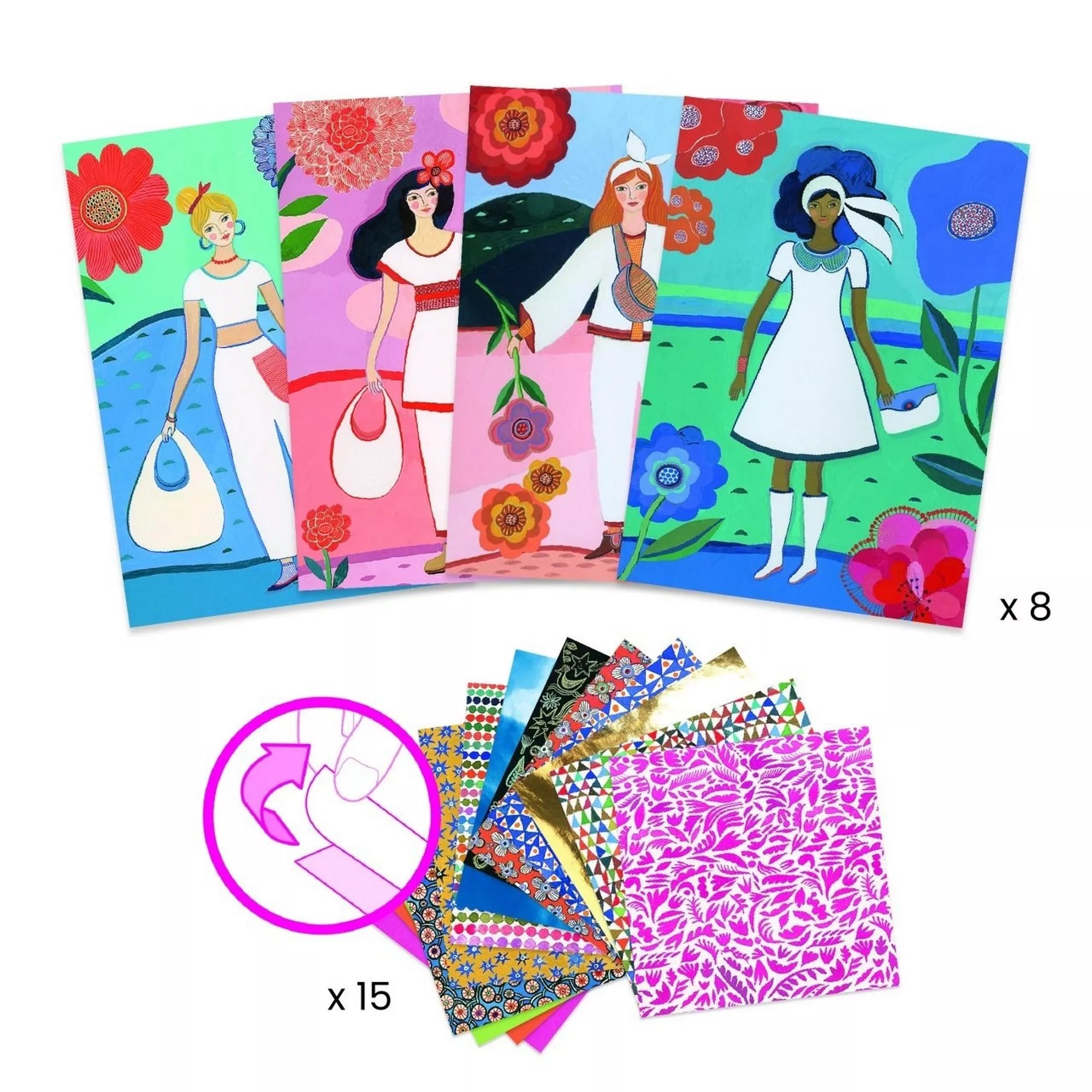 A Djeco Mini divatstúdió! készlet tartalma: 8 különböző női figura illusztrált lapon és 15 fényes, mintás dekorlap. A gyerekek ezekkel díszíthetik és öltöztethetik fel a karaktereket.