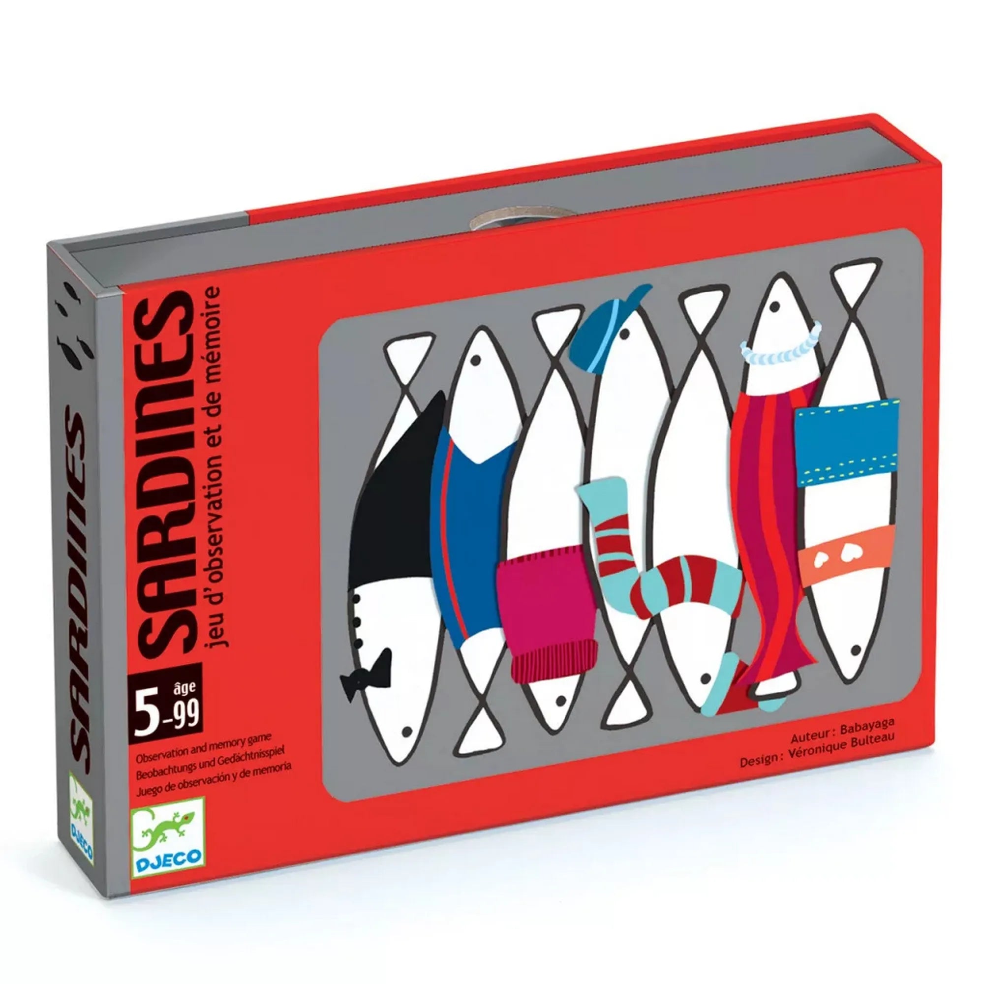 A Djeco Szardíniák memória kártyajáték doboza piros színben, vicces, különböző ruhadarabokat viselő halakkal díszítve. A játék 5–99 éves korig ajánlott.