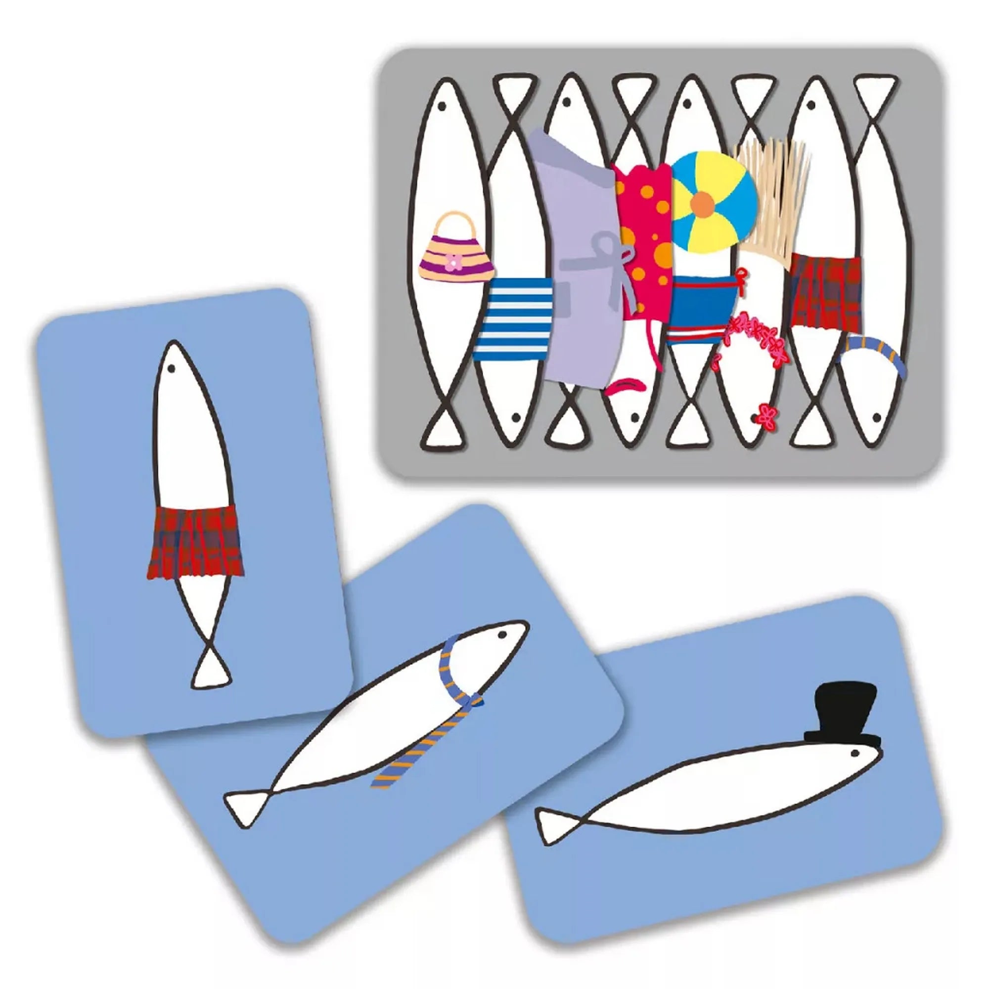 A Djeco Szardíniák memória kártyajáték kártyái, amelyeken különböző ruhákat viselő szardíniák láthatók. A képen néhány játékkártya és egy mintakártya is szerepel.