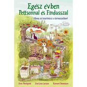 Alt szöveg: Az „Egész évben Pettsonnal és Findusszal” könyv borítója, amelyen Pettson pizzát süt egy almafa alatt, míg Findusz virágok között kertészkedik egy napsütötte, vidám természetrajzú jelenetben.