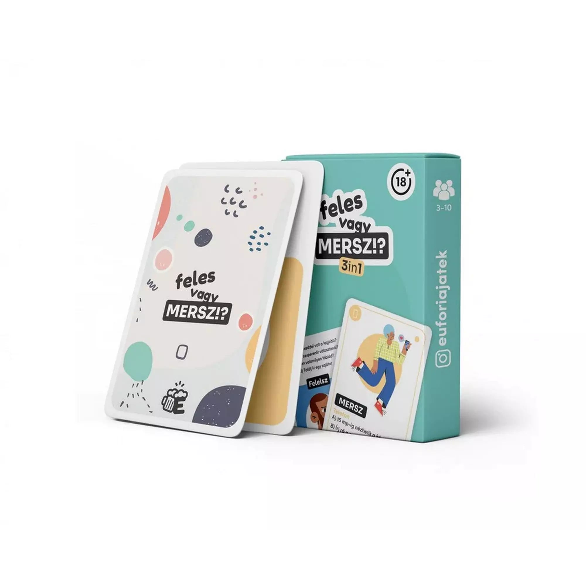Feles vagy Mersz?! társasjáték doboza és kártyái, színes illusztrációkkal.