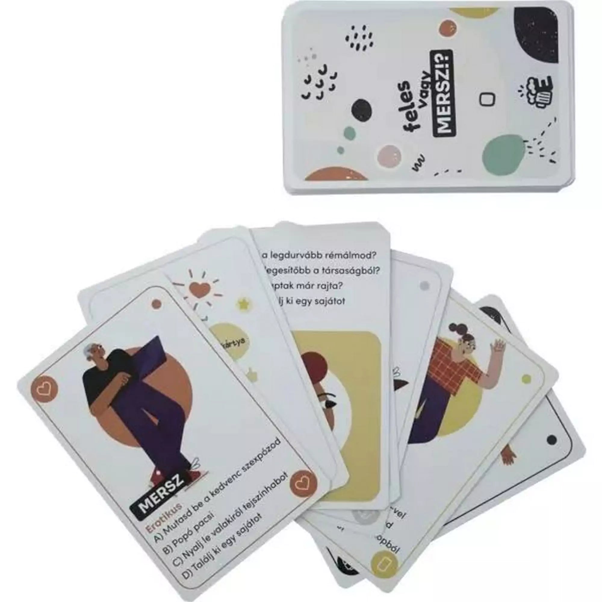 Eufória Feles vagy Mersz? kártyajáték színes lapjai, amelyek között kérdés- és feladatkártyák láthatók, illusztrált figurákkal.