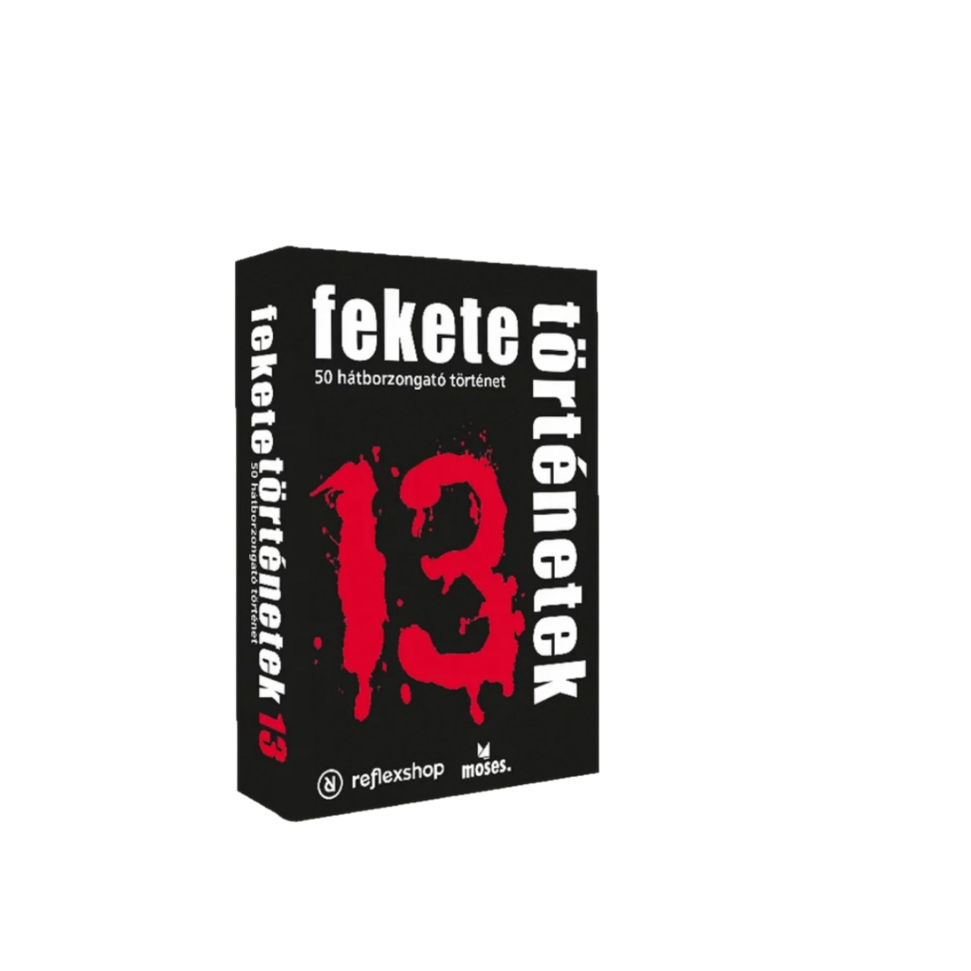 A Fekete történetek 13 társasjáték doboza, fekete háttérrel, középen egy vérvörös „13” számmal és a „50 hátborzongató történet” felirattal.