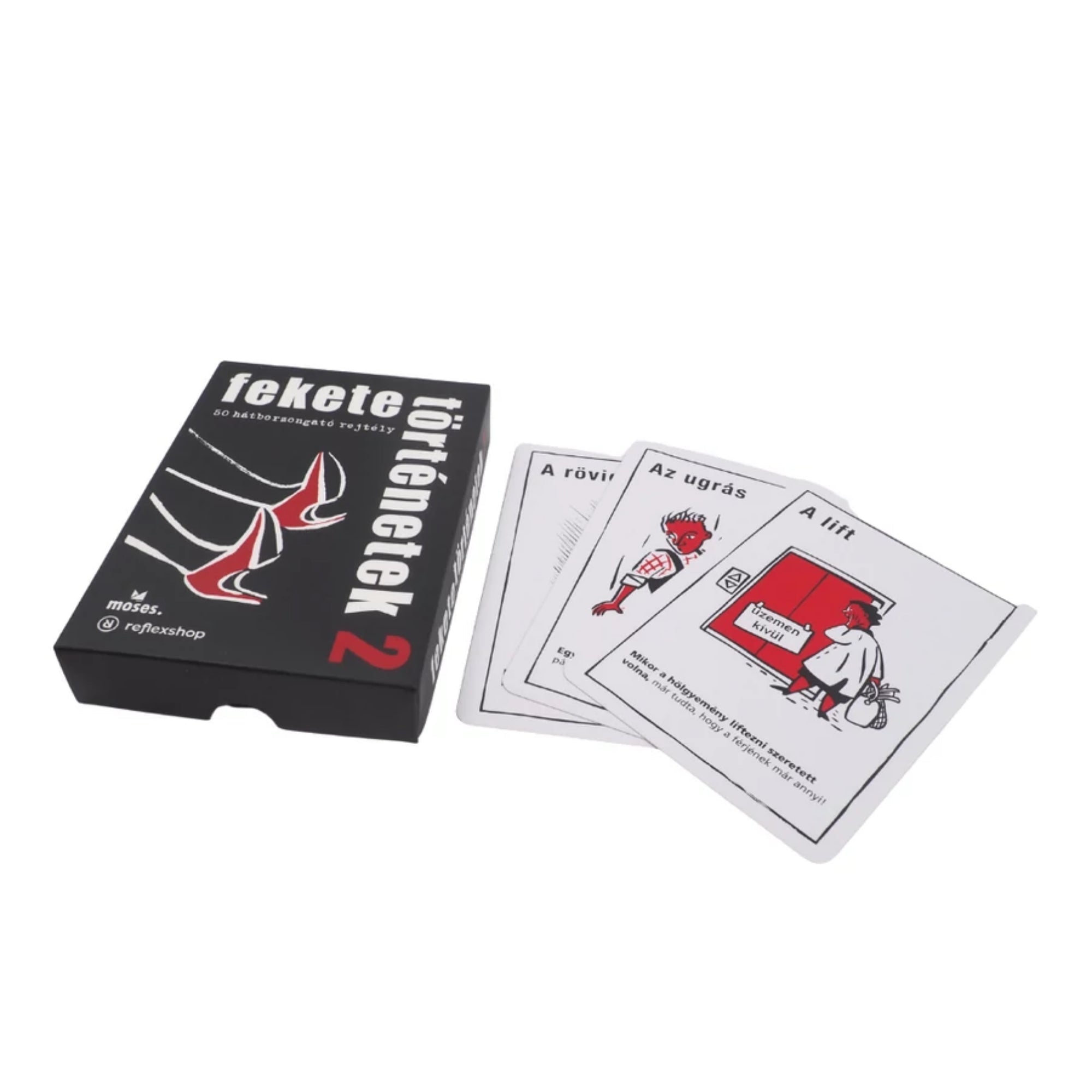 A Fekete történetek társasjáték doboza és több, kiterített történetkártya, köztük „Olcsó Próbálkozás”, „Halálos lazaság” és „Köszönöm”.