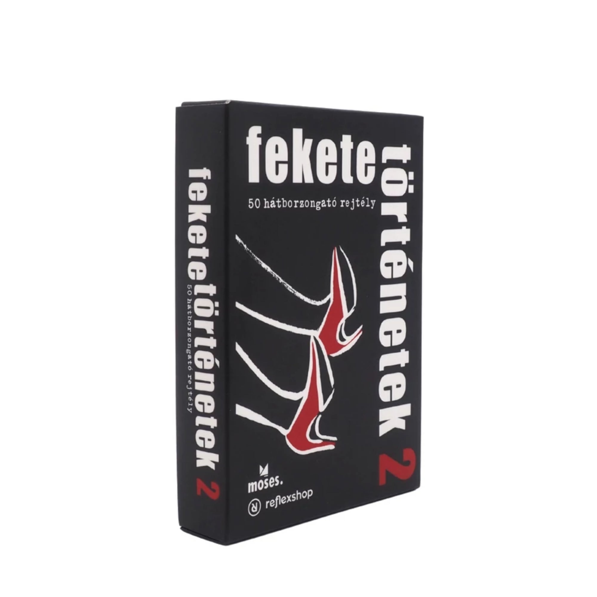 A Fekete történetek társasjáték zárt doboza, fekete háttéren vérfolt motívummal és fehér-piros felirattal.