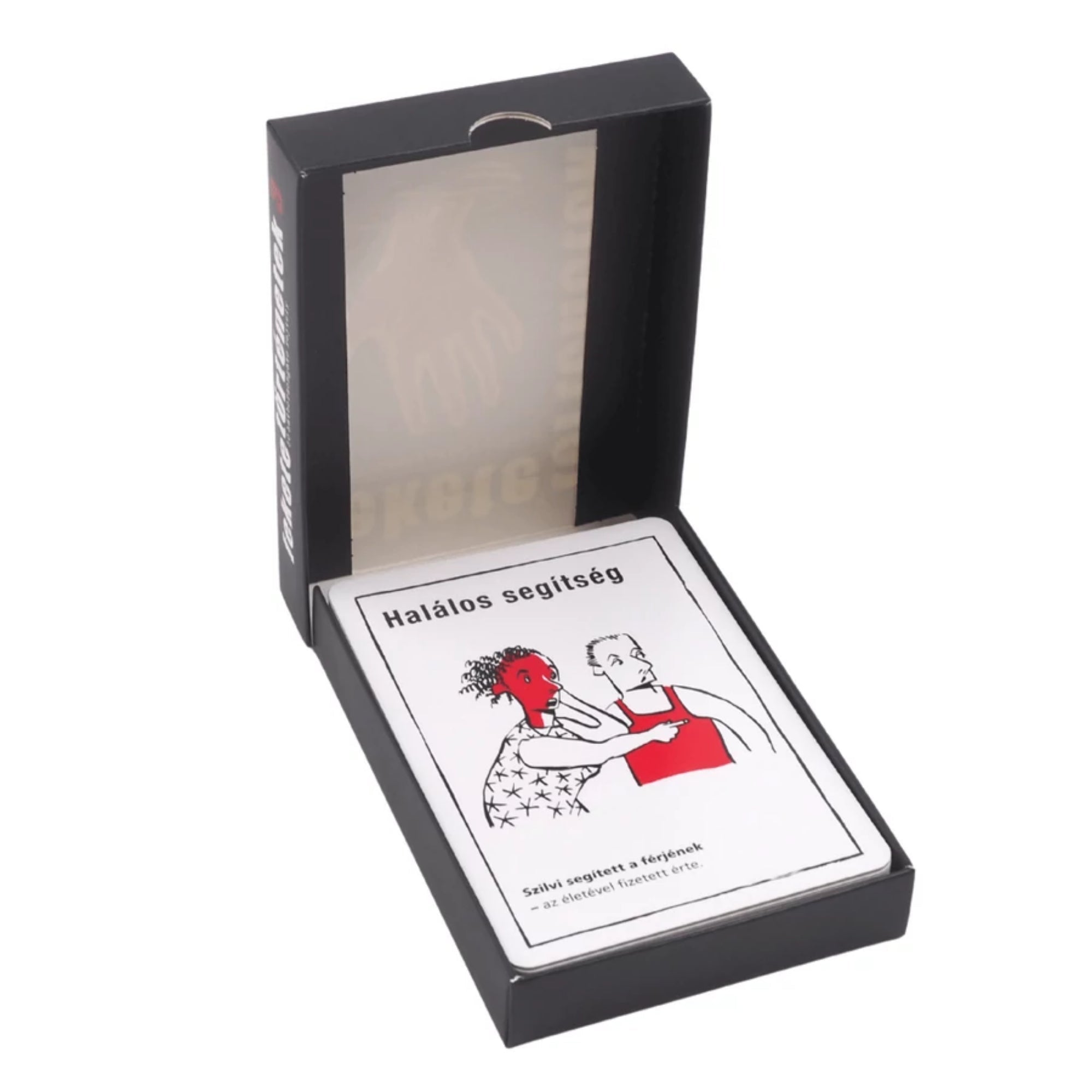 Fekete történetek 3 társasjáték nyitott doboza, benne egy kártyalappal „Halálos segítség” címmel és illusztrációval.
