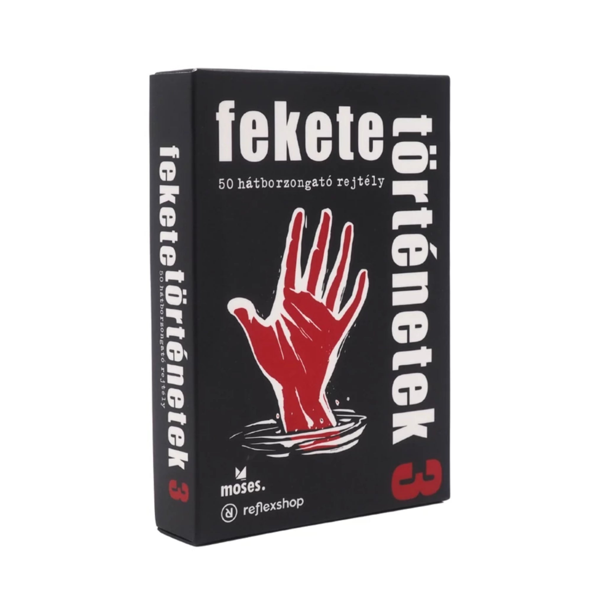 Fekete történetek 3 társasjáték doboza, amely 50 hátborzongató rejtvényt tartalmaz sötét és meglepő történetekkel.