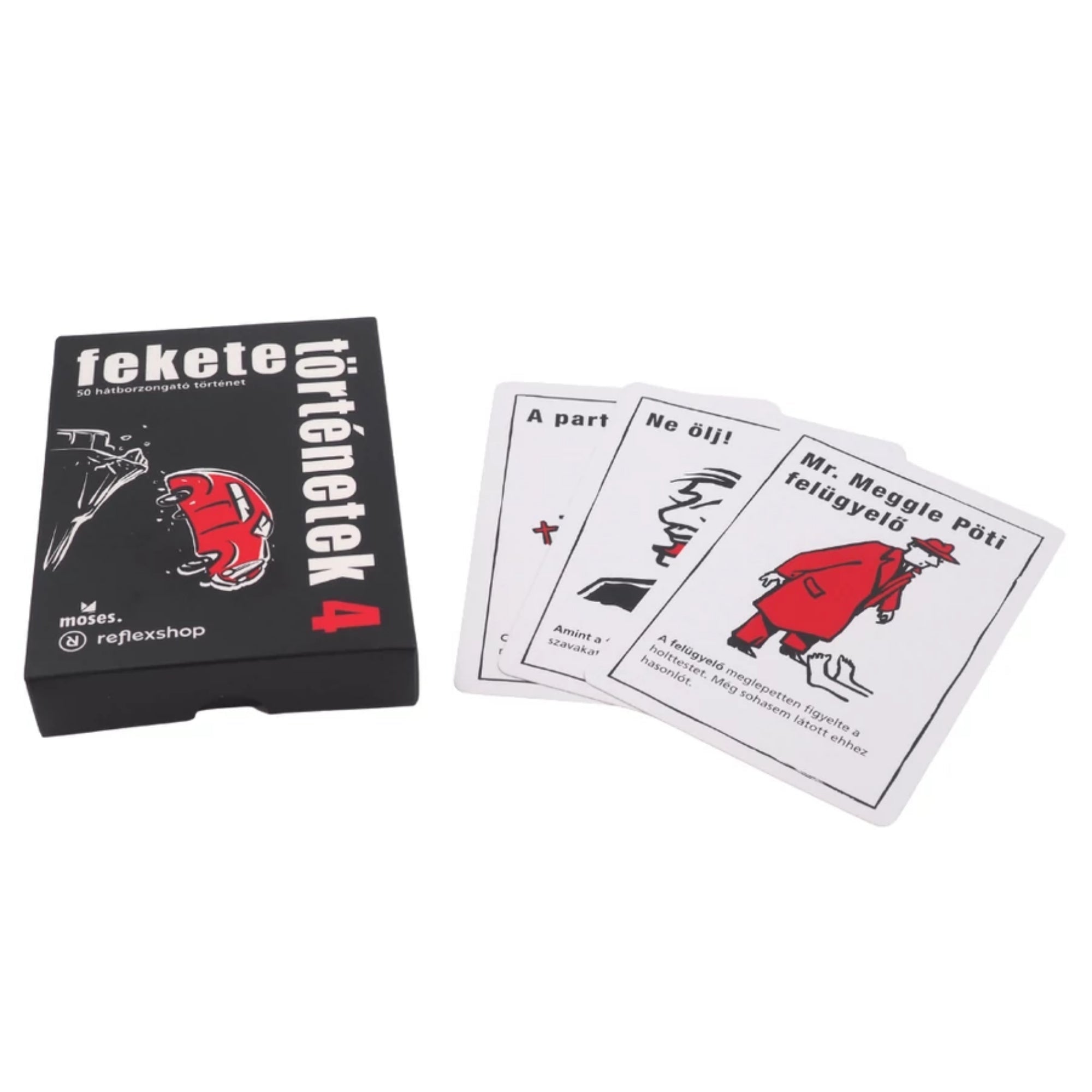 A fekete történetek 4 társasjáték kibontott doboza, mellette három illusztrált, magyar nyelvű kártya: „A part”, „Ne ölj!” és „Mr. Meggle Pöti felügyelő”.
