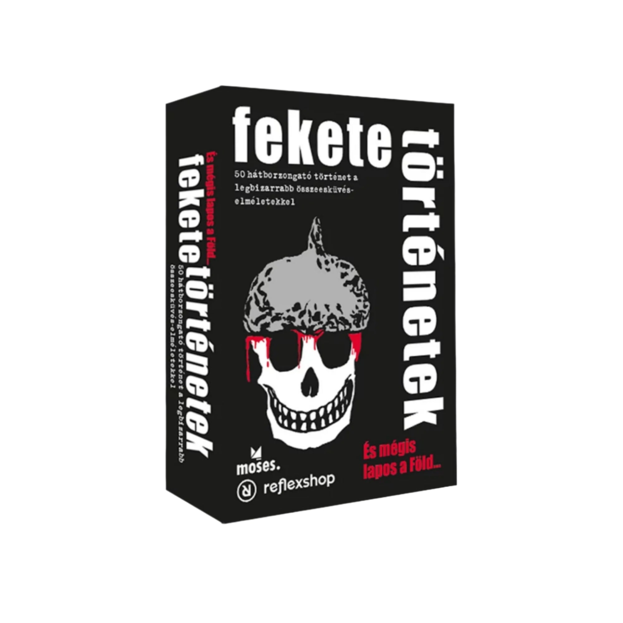 A Fekete történetek – És mégis lapos a Föld... társasjáték doboza, amelyen egy koponya látható piros napszemüvegben és alufólia-sisakban, fekete háttérrel.