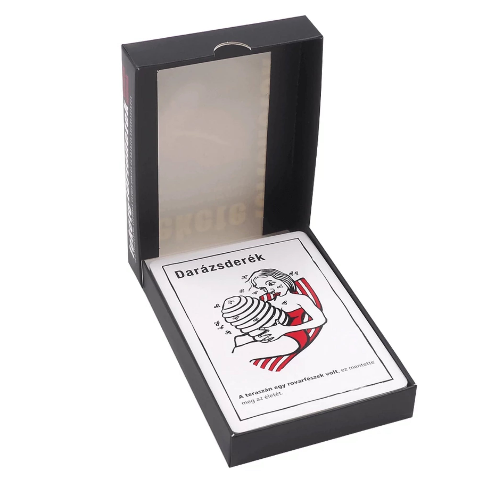 Fekete történetek – Gyilkos spinék társasjáték nyitott doboza, benne egy „Darázsderek” című kártyalappal, amely illusztrációval mutatja be a történetet.