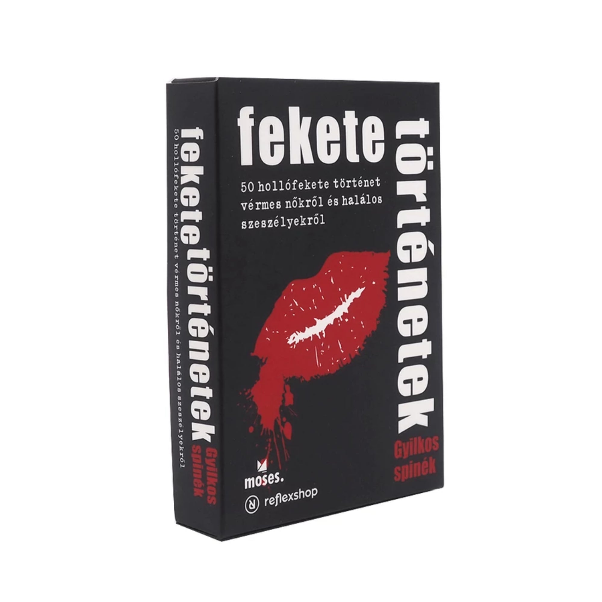 Fekete történetek – Gyilkos spinék társasjáték doboza, amely 50 hollófekete történetet tartalmaz véres nőkről és halálos szeszélyekről.