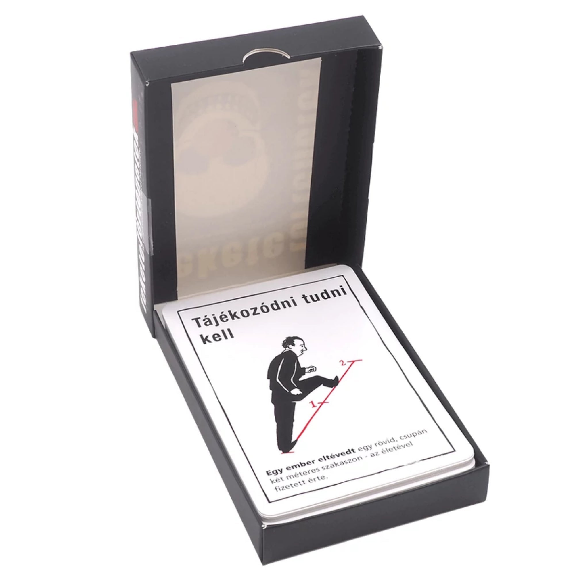 A Fekete történetek: Gyilkos spinék kártyajáték nyitott doboza, benne a „Darázsderek” című kártyával.