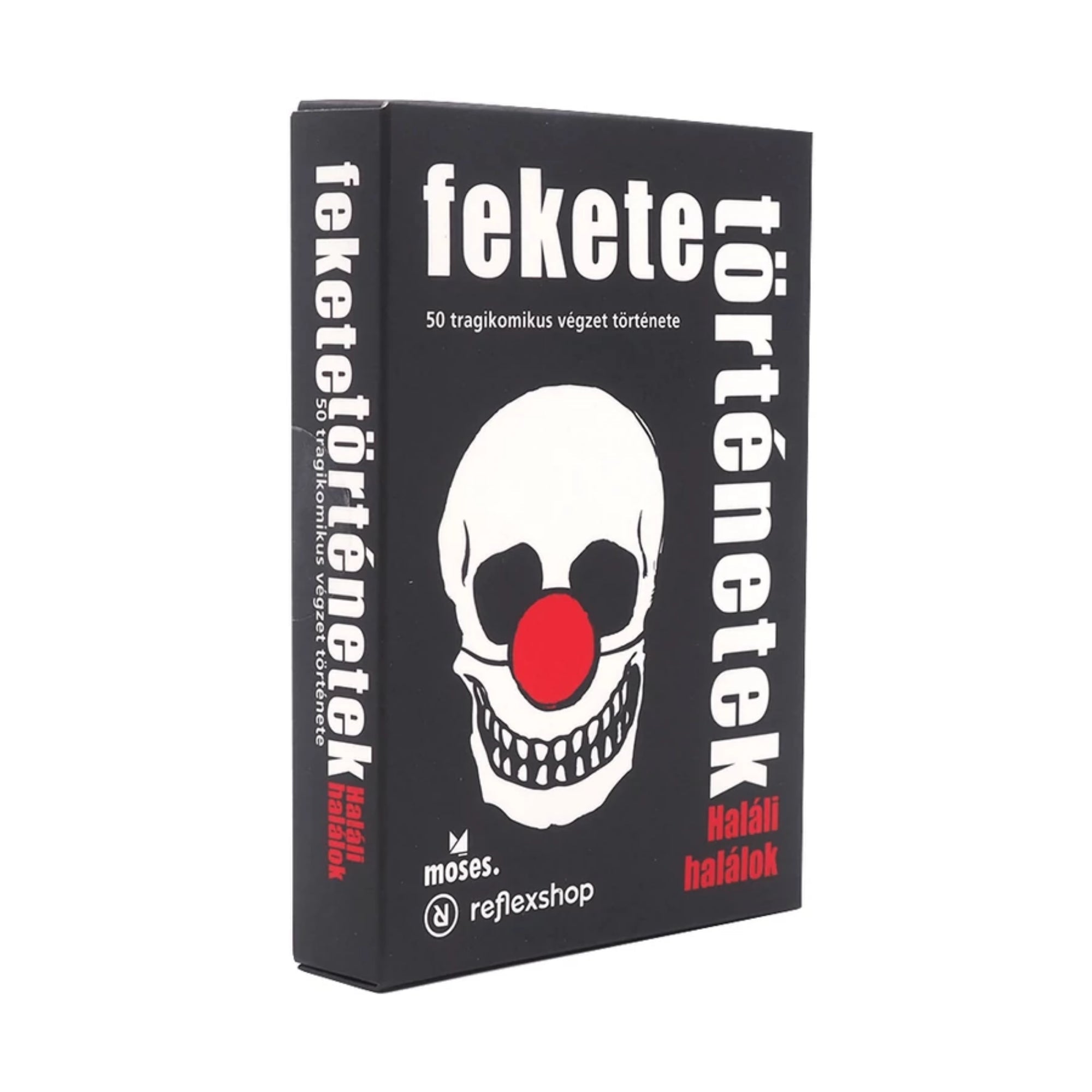 A Fekete történetek: Gyilkos spinék társasjáték doboza, vörös rúzsnyommal díszített fekete háttérrel.