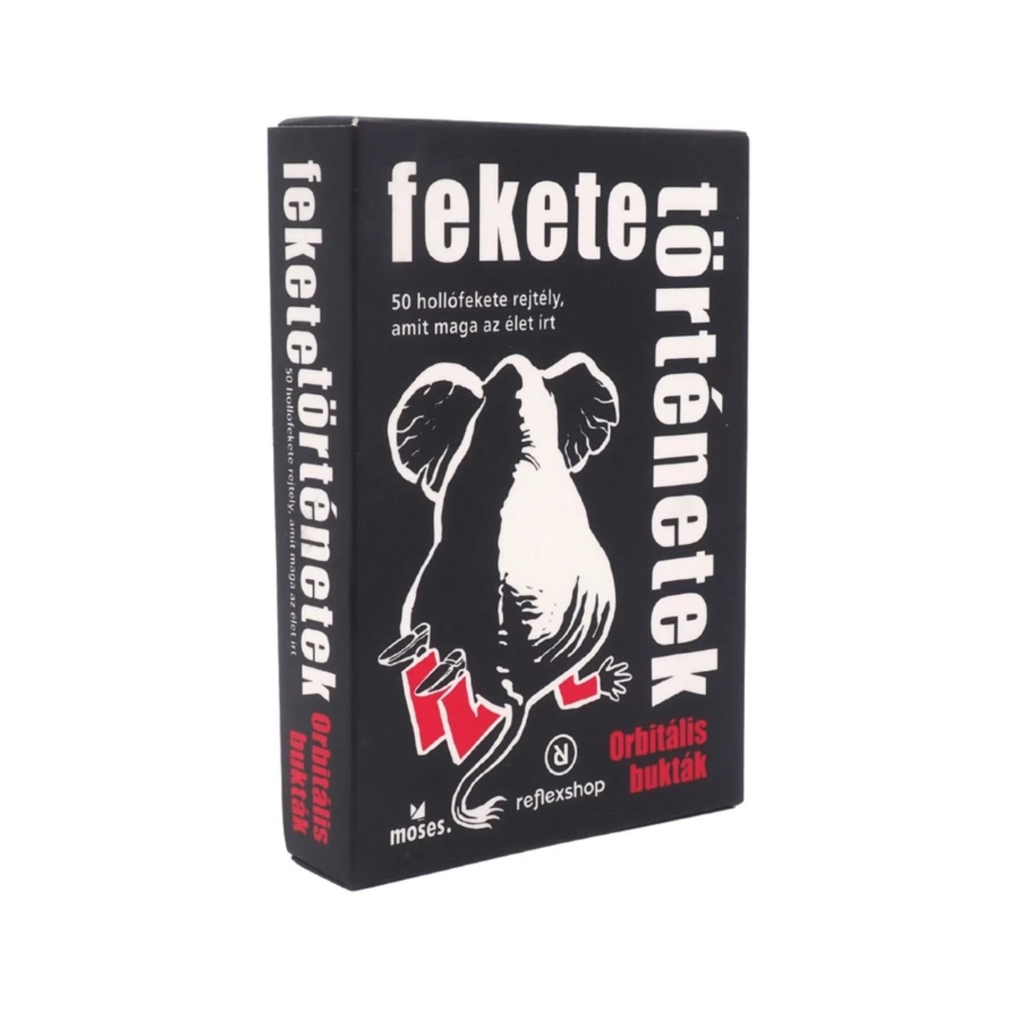 A fekete történetek orbitális bukták doboza zárt állapotban, fekete alapon fehér és piros elefántos illusztrációval és a termék nevével.