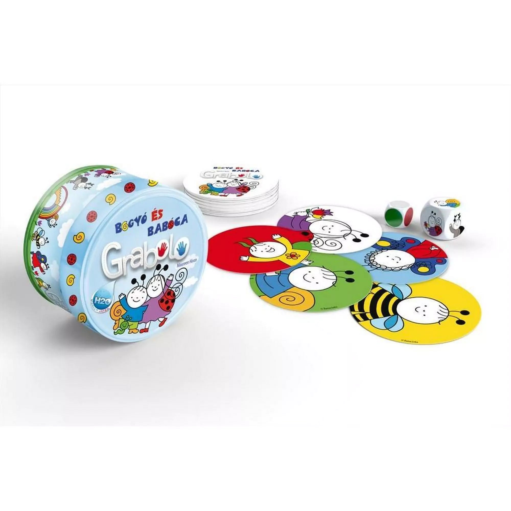 Közelkép a Bogyó és Babóca Grabolo játék világoskék fémdobozáról, rajta Bogyóval és Babócával, színes motívumokkal díszítve.