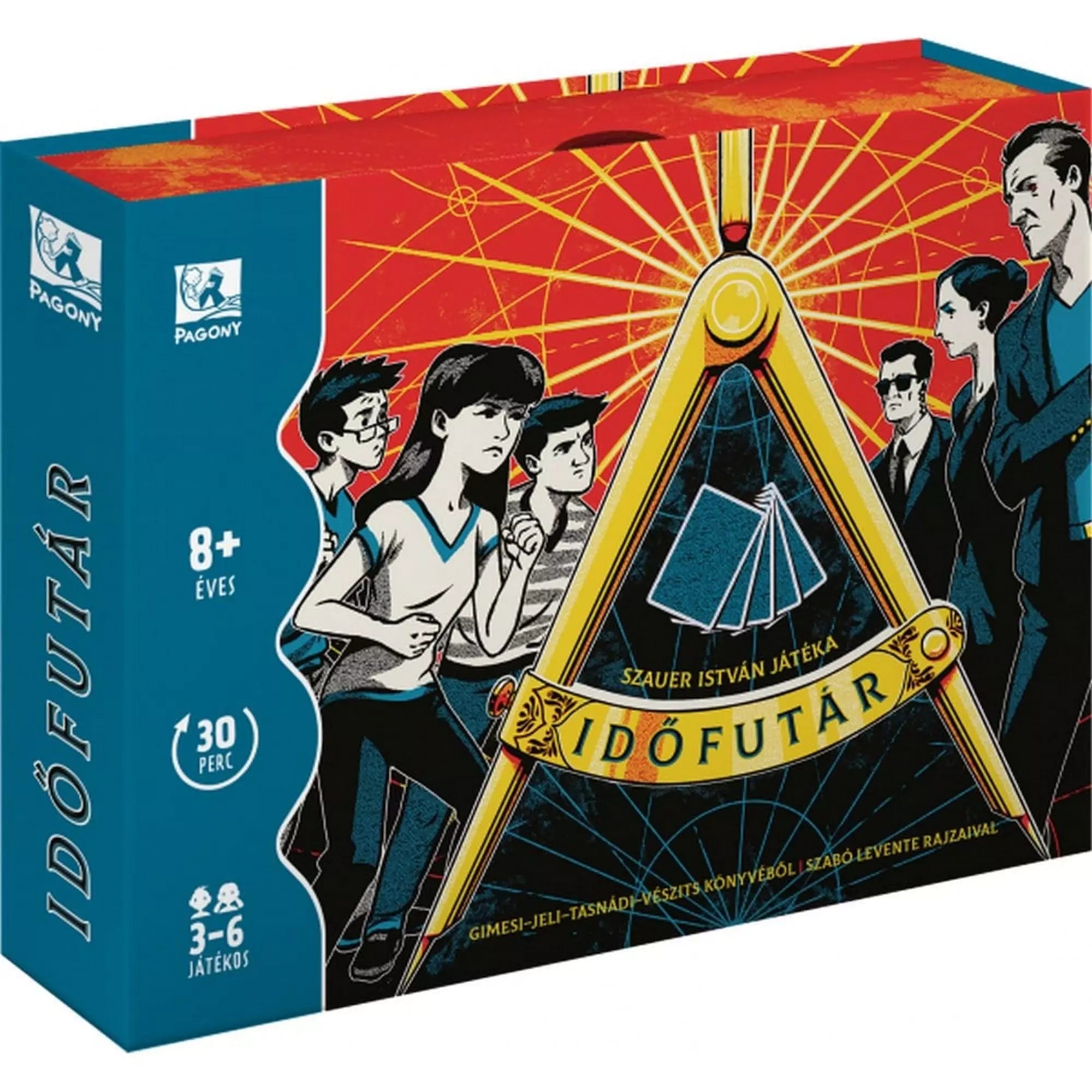 Időfutár társasjáték doboza, izgalmas grafikai elemekkel, ahol a játékosok időutazásos kalandba keverednek Budapesten.