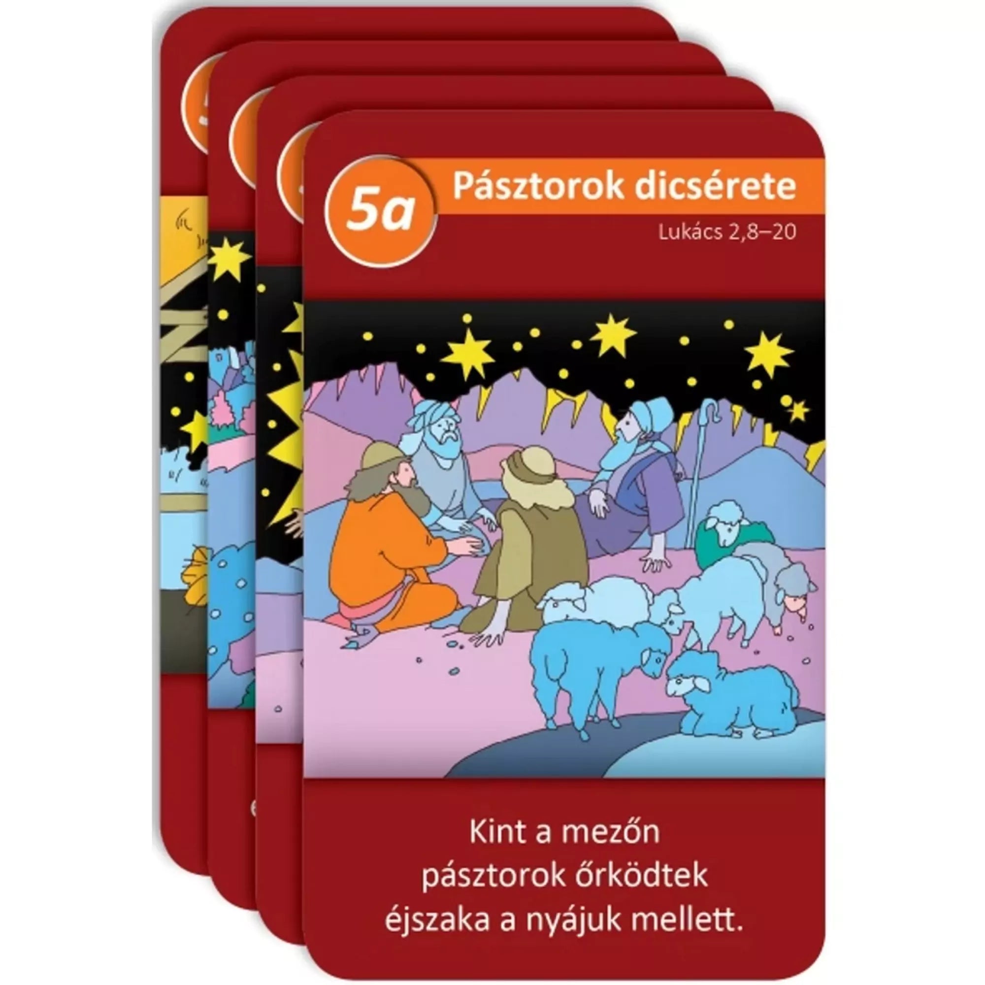 A Jászolba született gyermek – Karácsonyi kvartett bibliai játékkártyák, amelyeken pásztorok és nyájaik láthatók éjszaka a csillagos ég alatt.
