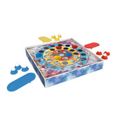 Frozen 2 – Jumpers társasjáték tartalma: három indítóplatform, kilenc repülő kalap és színes céltábla játéktáblával.