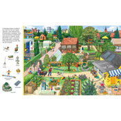 Egy részlet a "Keress, találj, mesélj! Kertes nagy böngésző" könyvből, amely egy közösségi kertet ábrázol, ahol emberek kertészkednek, piknikeznek és élvezik a természetet.