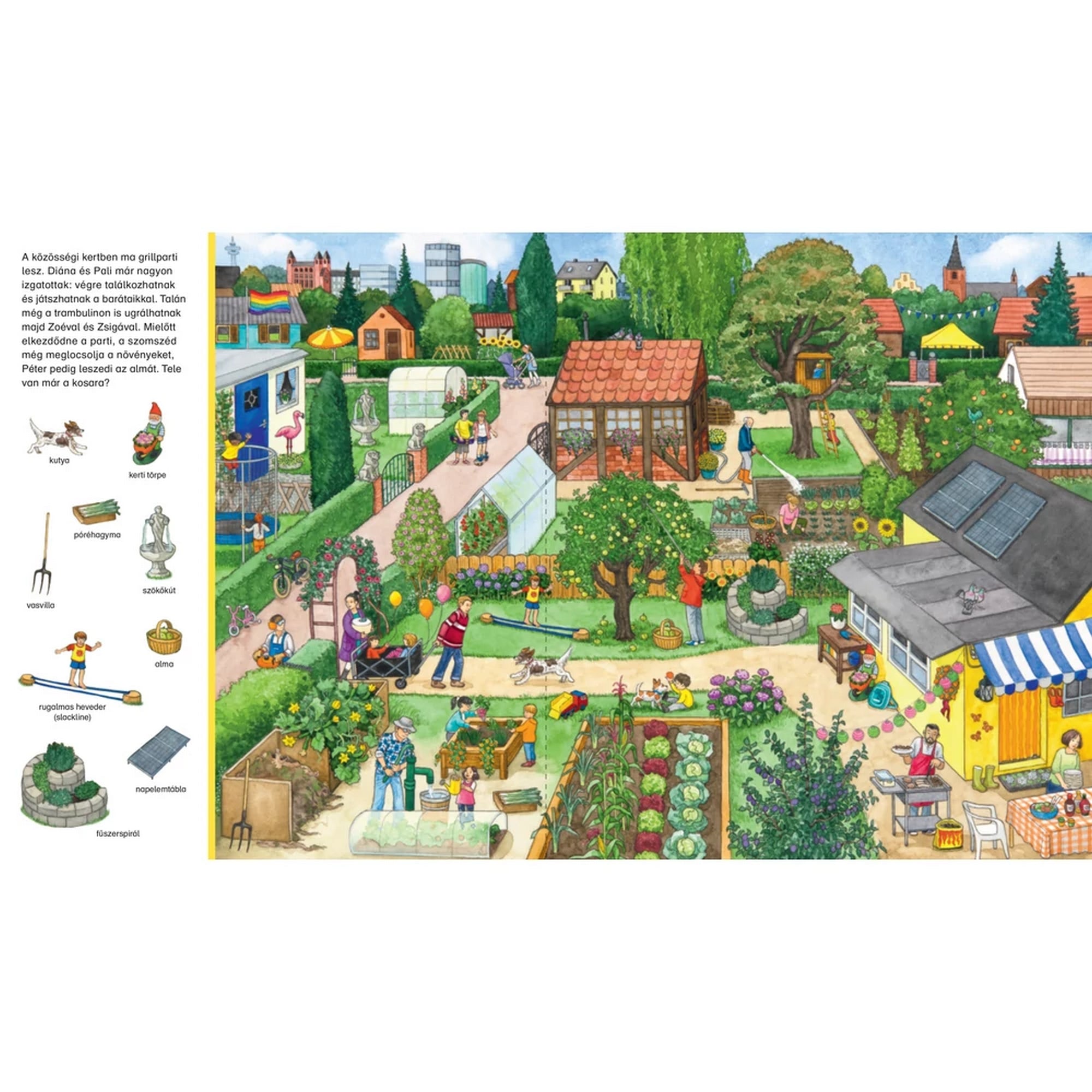 Egy részlet a "Keress, találj, mesélj! Kertes nagy böngésző" könyvből, amely egy közösségi kertet ábrázol, ahol emberek kertészkednek, piknikeznek és élvezik a természetet.
