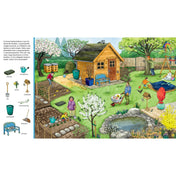 Egy jelenet a "Keress, találj, mesélj! Kertes nagy böngésző" könyvből, amely egy tavaszi kertet mutat be veteményessel, virágokkal, fészerrel és különböző kerti tevékenységekkel.