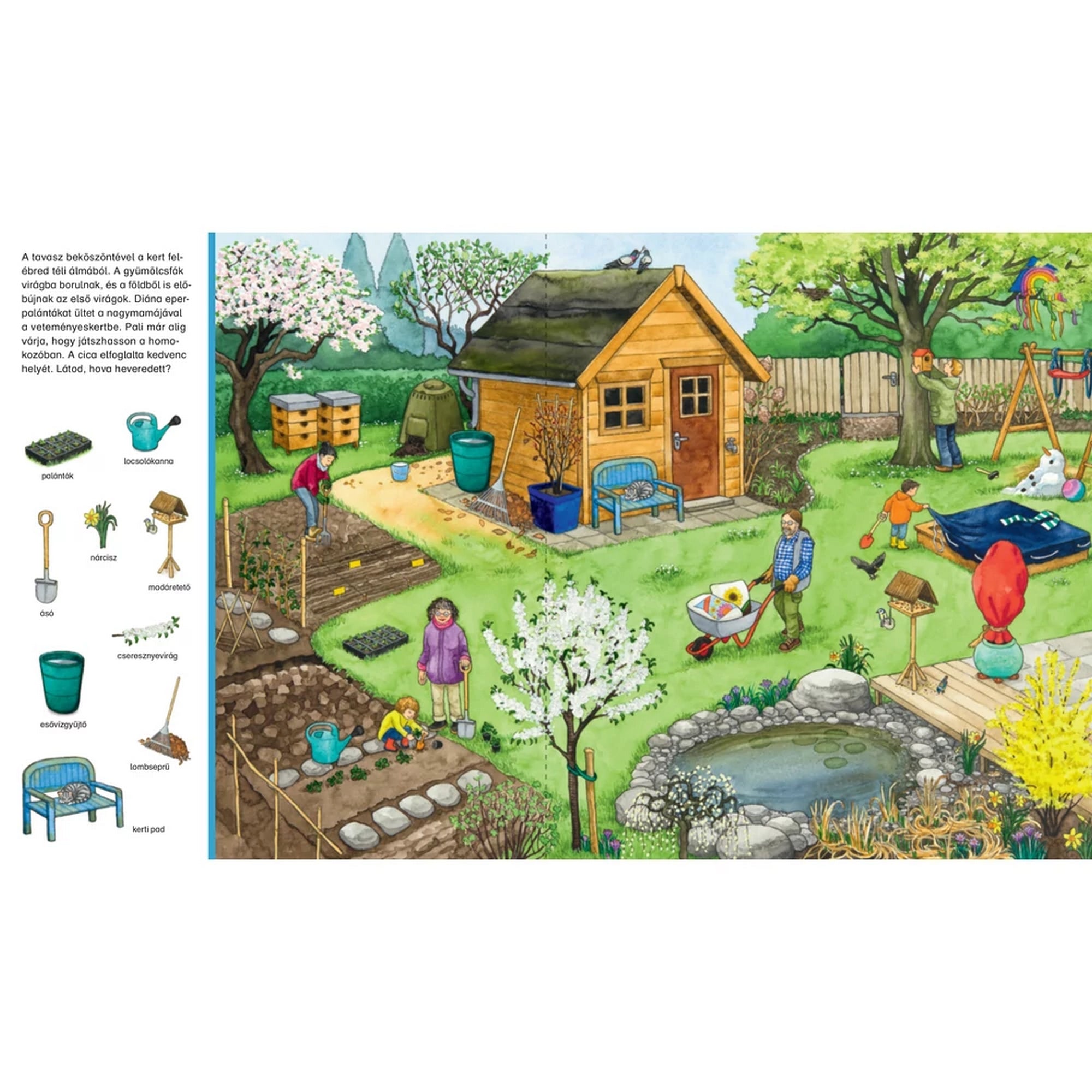 Egy jelenet a "Keress, találj, mesélj! Kertes nagy böngésző" könyvből, amely egy tavaszi kertet mutat be veteményessel, virágokkal, fészerrel és különböző kerti tevékenységekkel.