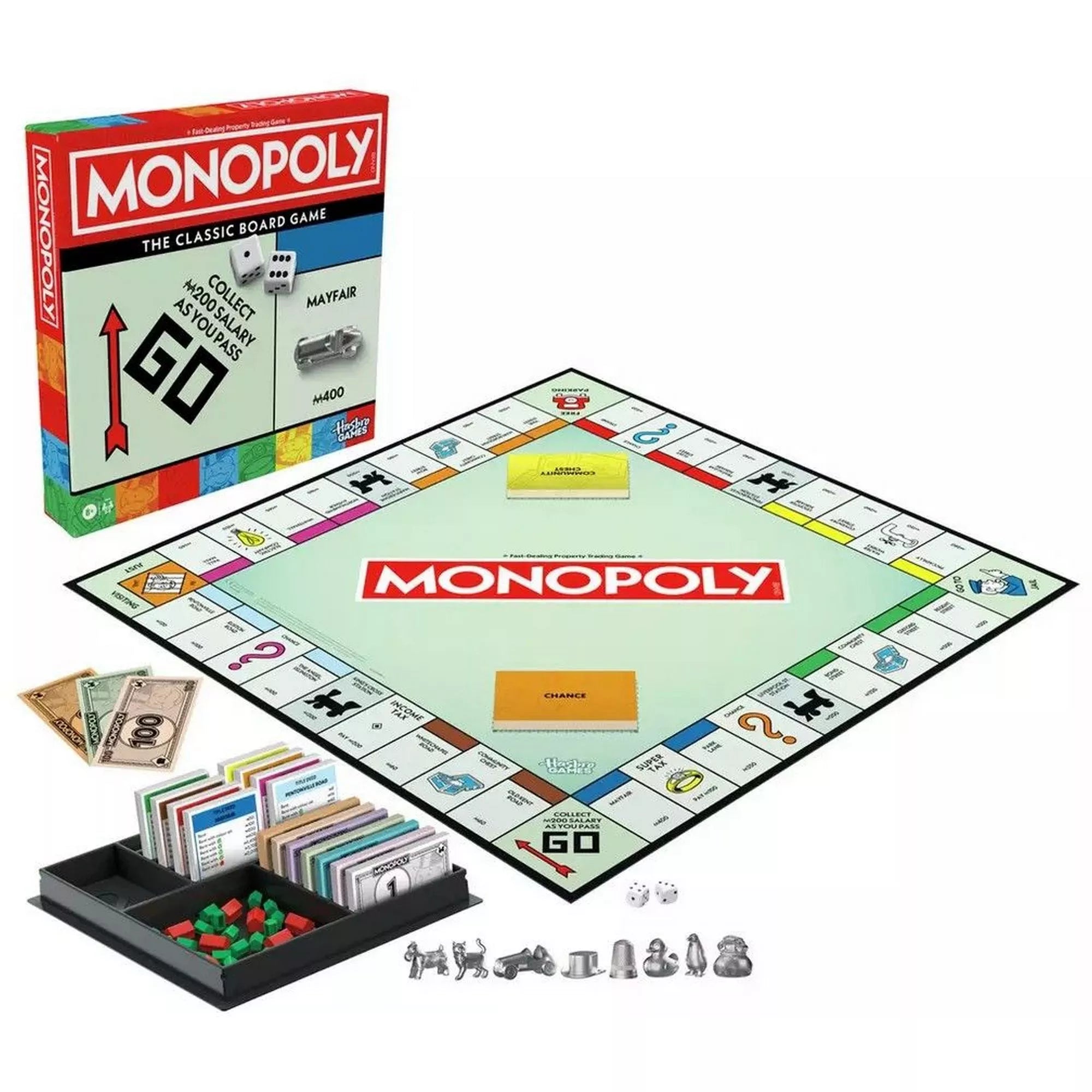 A Klasszikus Monopoly (Refresh) társasjáték teljes tartalma: a játéktábla, pénzek, ingatlankártyák, házak, hotelek és fém bábuk rendezett tálcában. A doboz és a Monopoly logó is jól látható.
