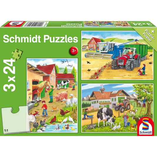 Puzzle Schmidt: La fermă, Set de 3 x 24 piese + Cadou: poster