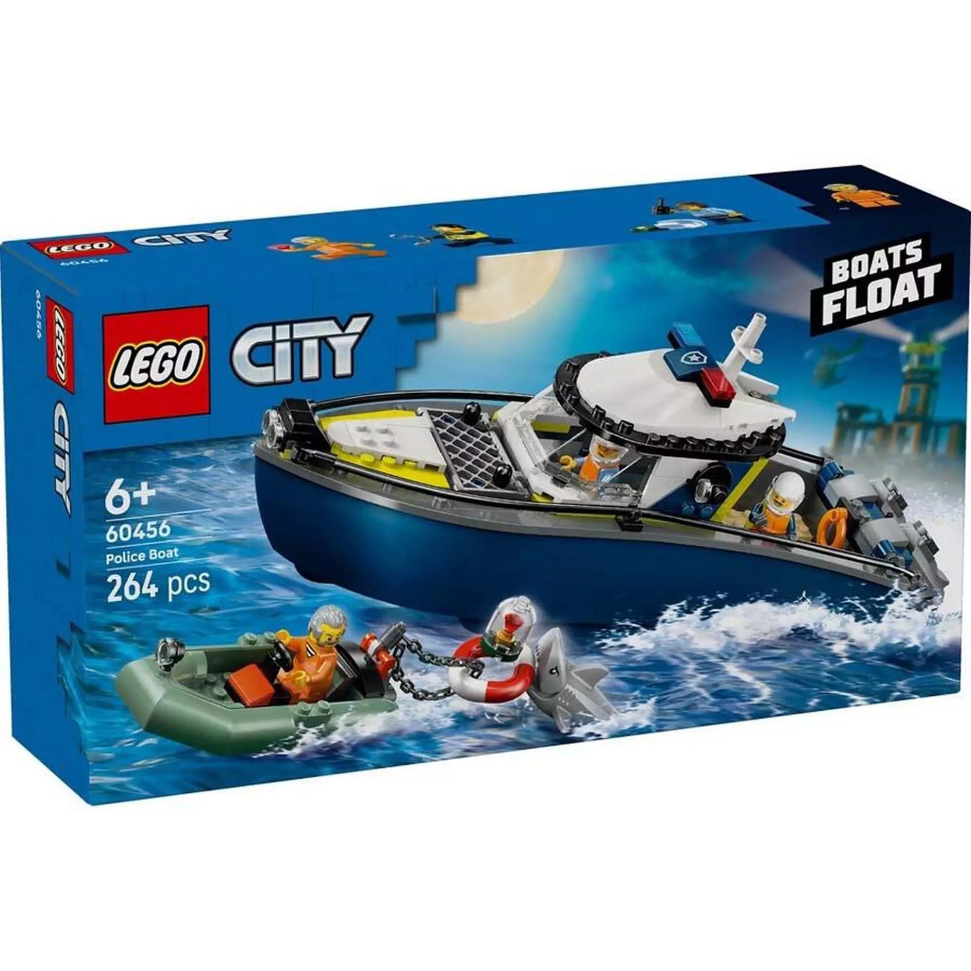 A LEGO City Rendőrségi motorcsónak (60456) doboza, rajta a motorcsónak üldöz egy gumicsónakban menekülő bűnözőt, miközben egy cápa úszik a közelben.