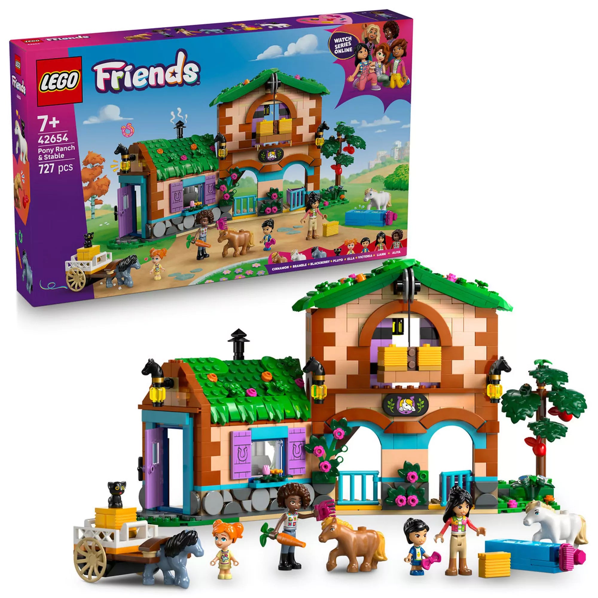 LEGO Friends Pónifarm és istálló (42654) doboz és felépített modell együtt, karakterekkel, pónikkal és minden tartozékkal.