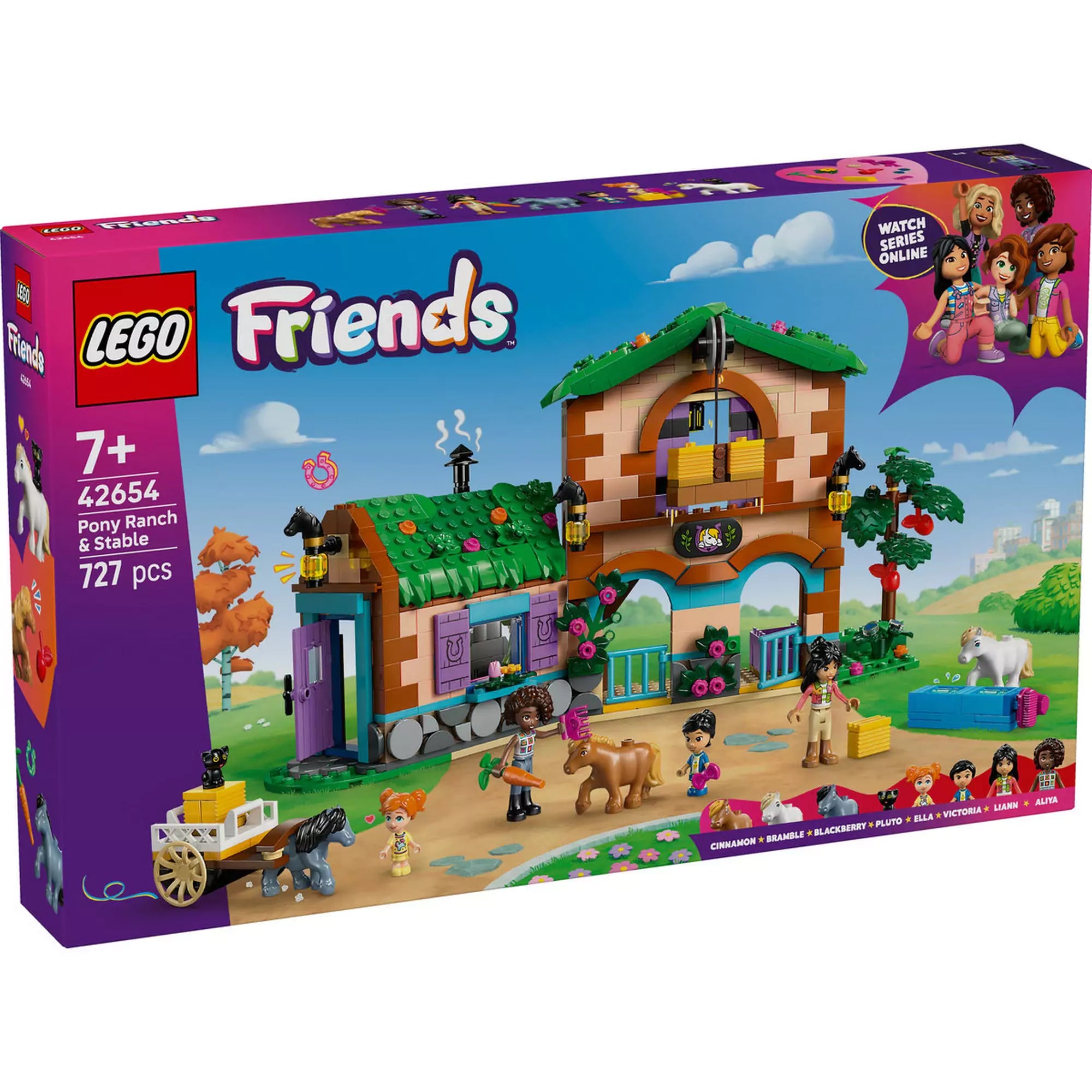 LEGO Friends Pónifarm és istálló (42654) doboz előlapja, a készlettel, figurákkal és pónikkal színes vidéki környezetben