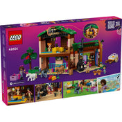 LEGO Friends Pónifarm és istálló (42654) doboz hátlapja, belső részletekkel, pónikkal, szereplőkkel és a működő szénabála-lifttel.