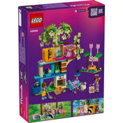 A LEGO Friends Macskaszülinapi buli (42666) doboz hátoldala, rajta a készlet részletei, játékhelyzetek és kiegészítők bemutatása lila háttérrel.