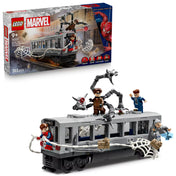 Teljes készlet és doboz a LEGO Marvel Super Heroes: Pókember és Doc Ock csatája a metrókocsiban (76321) szettből, figurákkal és metrókocsival.