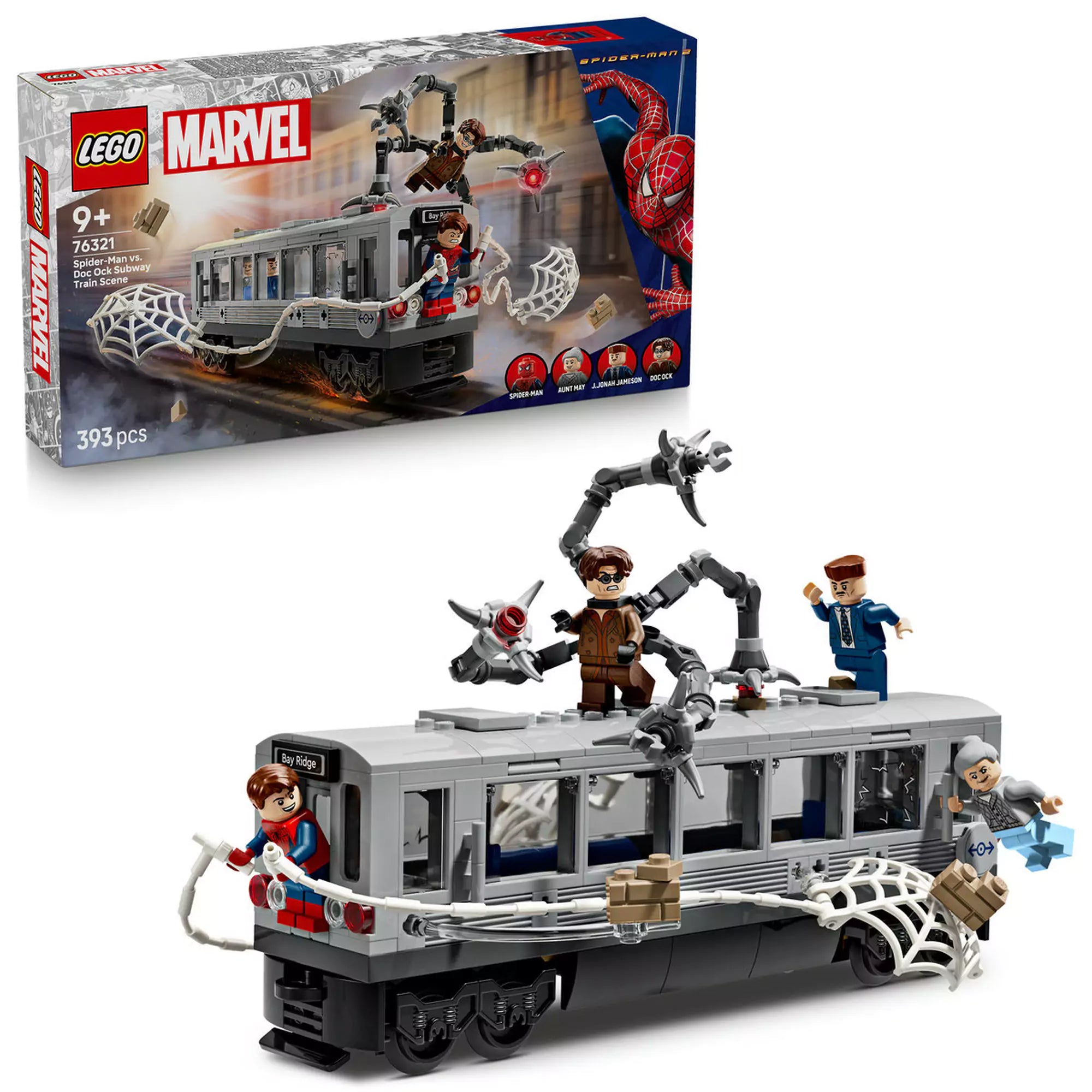 Teljes készlet és doboz a LEGO Marvel Super Heroes: Pókember és Doc Ock csatája a metrókocsiban (76321) szettből, figurákkal és metrókocsival.